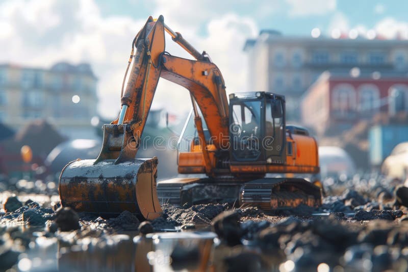Crawler Excavator is digging with lift up in the construction site. Neural network ai generated. Track hoe construction excavator stock images, royalty-free photos and pictures
