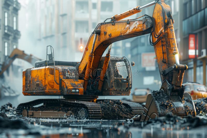 Crawler Excavator is digging with lift up in the construction site. Neural network stock photos.