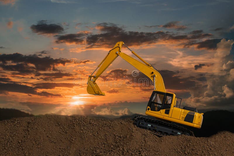 Crawler excavator with are digging the soil in the construction site on the sunset backgrounds. Track hoe construction excavator stock images, royalty-free photos and pictures