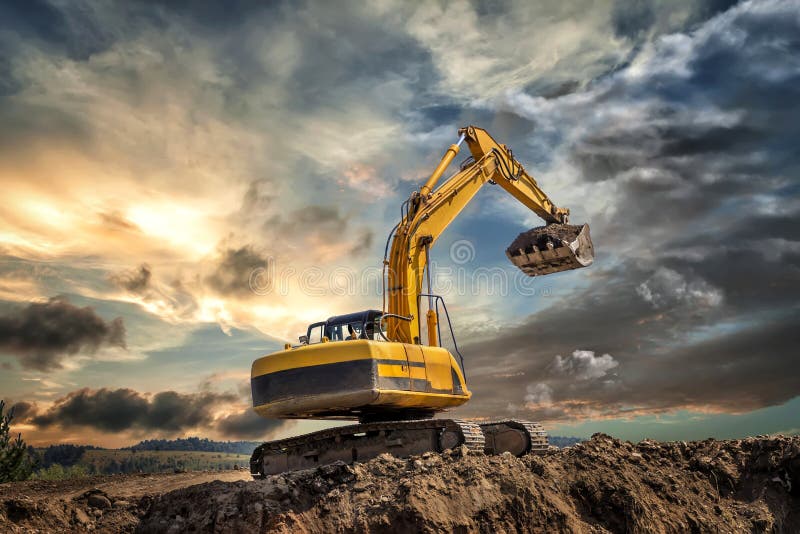 Crawler excavator during earthmoving works stock photos Crawler excavator during earthmoving works stock photos