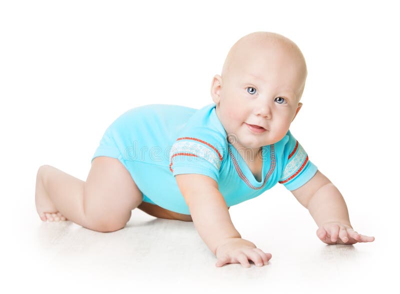 Crawling Baby, Infant Kid Crawl in romper on white, Happy six months old Child