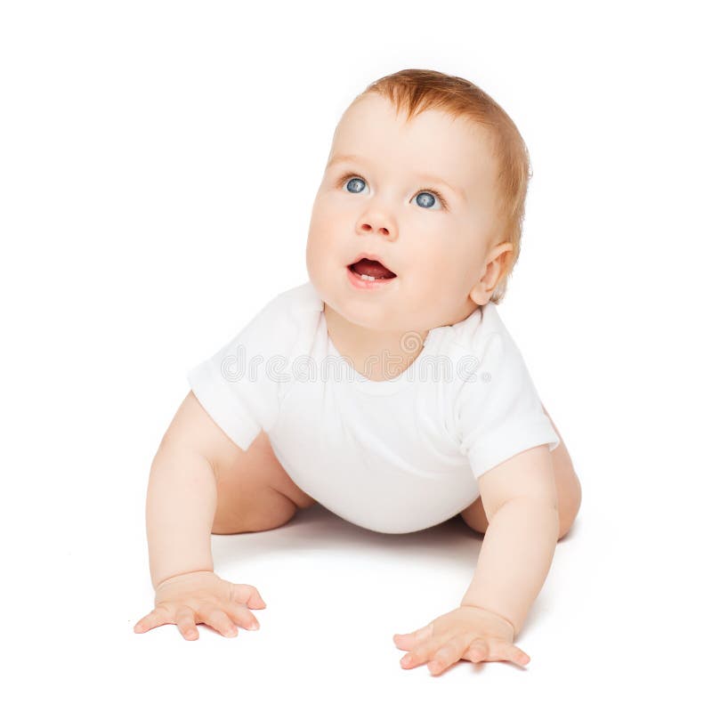 Crawling curious baby looking up stock image