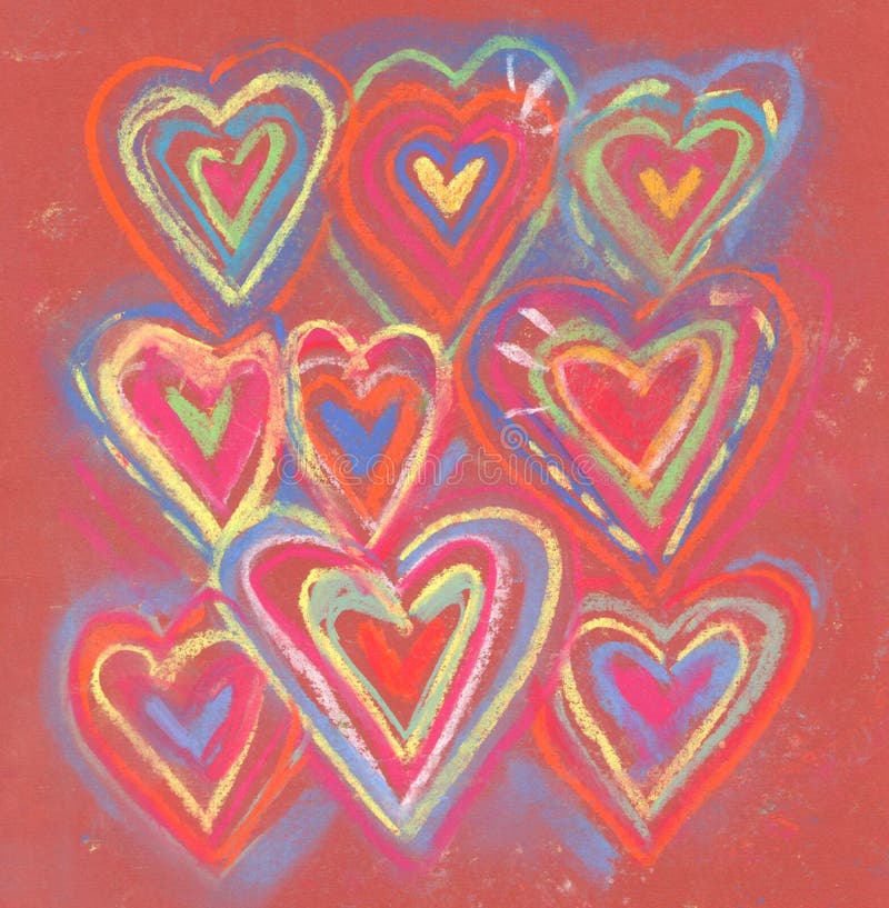 Crayon and pastel grunge abstract valentine hearts. Colorful chalk hearts symbol on red paper. Repeatedly circled shape of heart. Multicolor hand drawn sketch. Love pattern. Crayon and pastel grunge abstract valentine hearts. Colorful chalk hearts symbol on red paper. Repeatedly circled shape of heart. Multicolor hand drawn sketch. Love pattern.