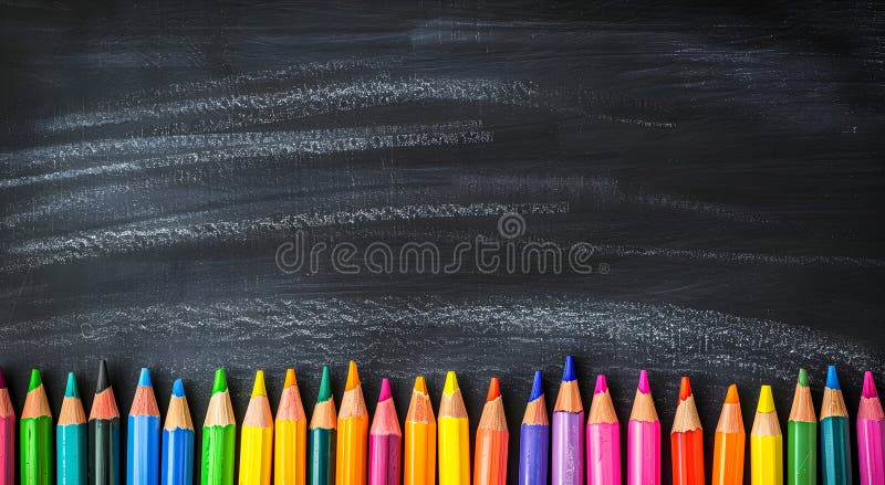 Crayons de couleur sur les lignes dessinées sur tableau photographie stock