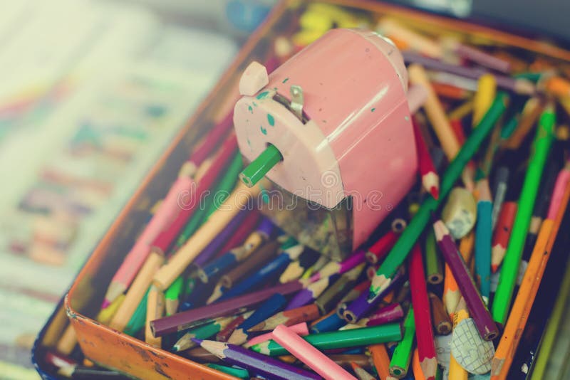 Crayons and Sharpener in the Box Stock Image Image of equipment
