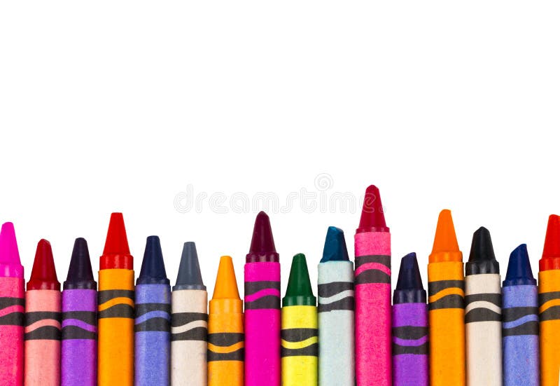Diagonal Row Of Bright Crayolas Plus Star On White Background