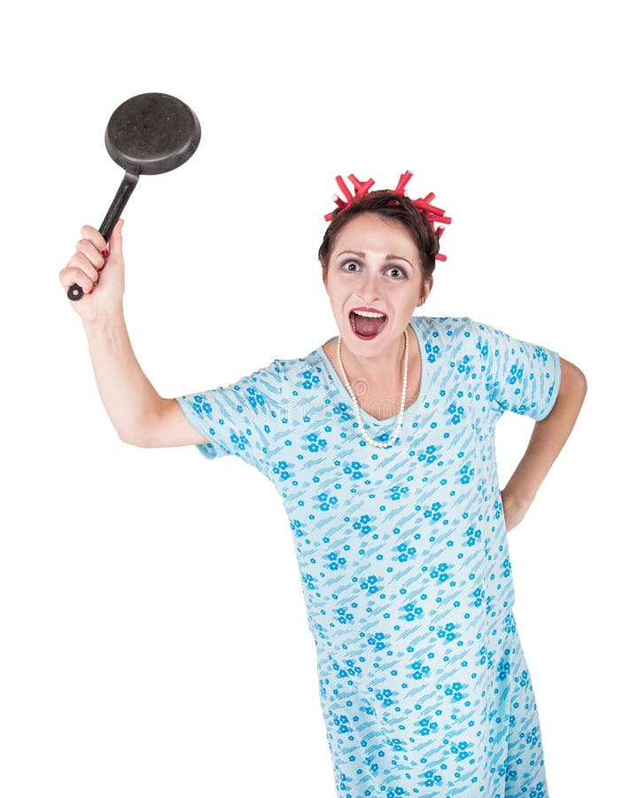 Crazy angry housewife with pan isolated stock image Crazy angry housewife with pan isolated stock image