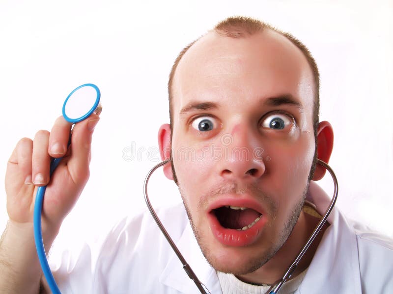 Crazy doctor using a stethoscope