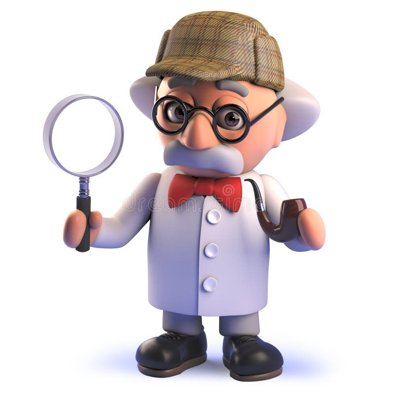 Crazy Mad Scientist Cartoon Character in 3d Dressed Like Sherlock Holmes  Holding a Magnifying Glass Stock Illustration - Illustration of quantum,  nuclear: 149955759