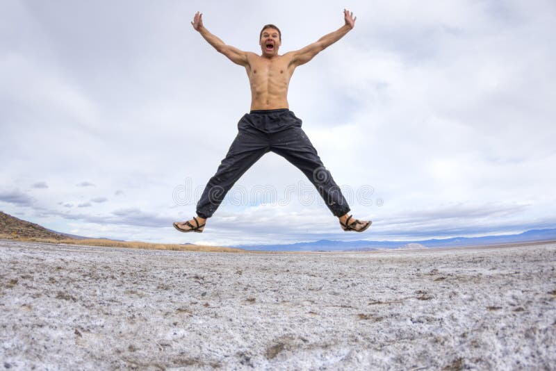 Crazy man leaping with joy