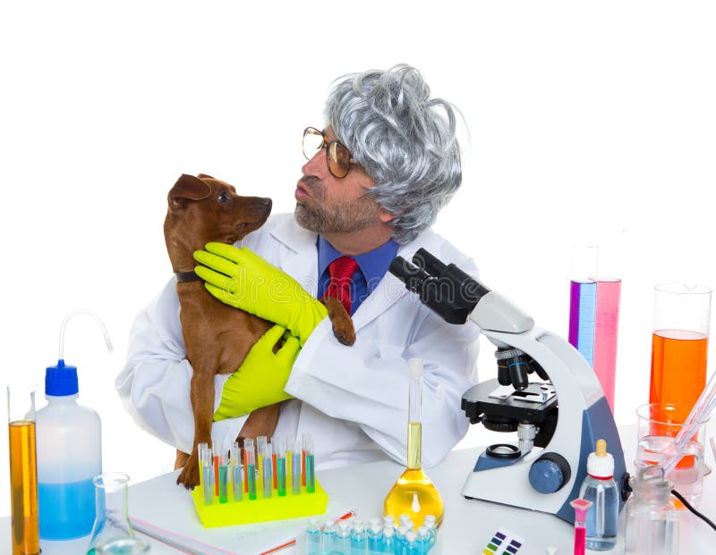 Crazy nerd scientist silly veterinary man with dog at lab