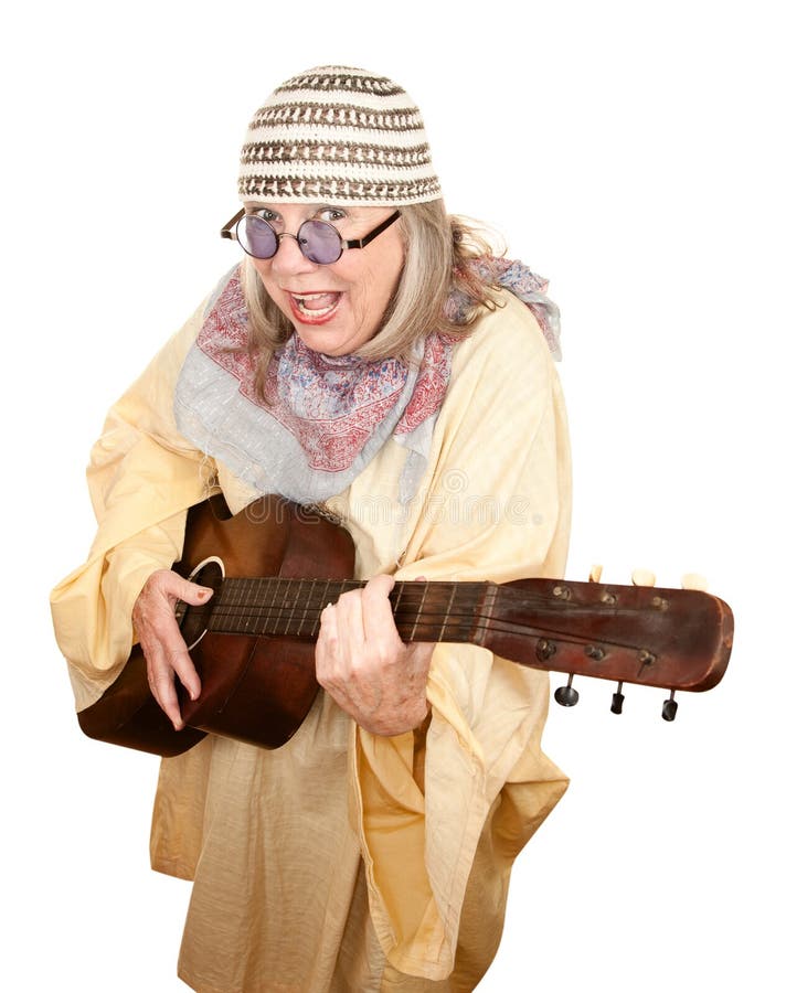 Crazy New Age Woman with Guitar royalty free stock images