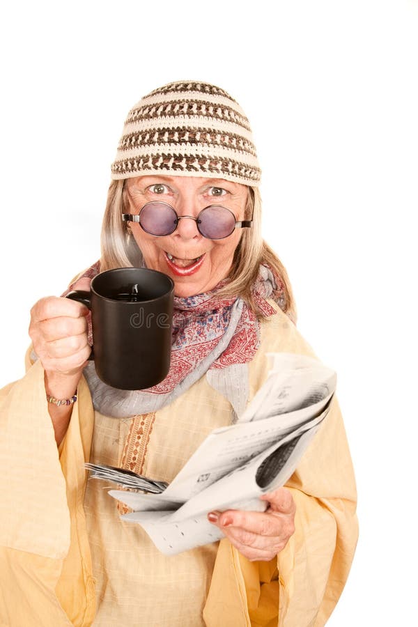 Crazy New-Age Woman in Yellow Robe stock image