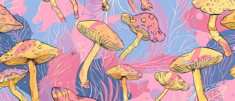 Crazy psilocybin magic mushroom seamless pattern. Magic mushroom,psilocybin background print concept. Modern hand drawn royalty free stock image