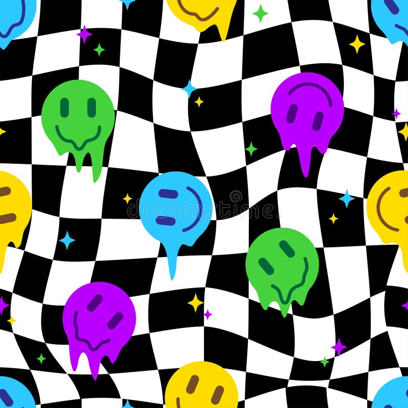 Crazy smiling melt colorful faces on black and white geometry background. Retro groovy seamless pattern. Psychedelic backdrop royalty free illustration