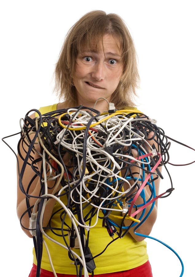 Crazy woman with tangle of cables