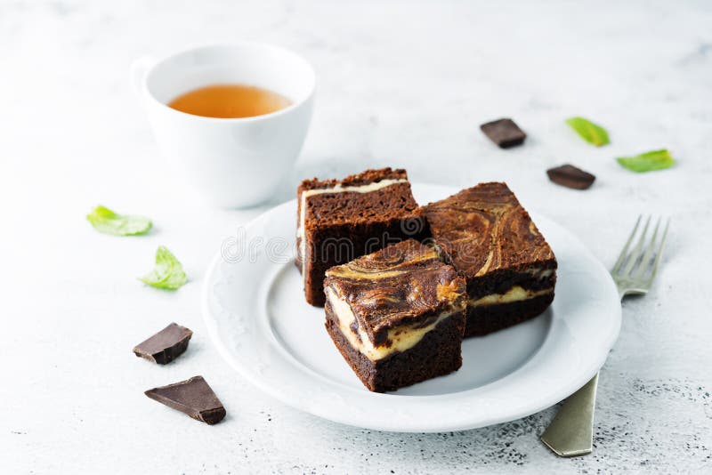 Cream Cheese Chocolate Brownie with Mint Leaves Stock Image Image of