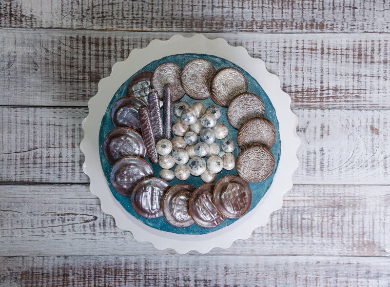 Cream Cheese Galaxy Cake with Cookies and Chocolate Marmelade Stock