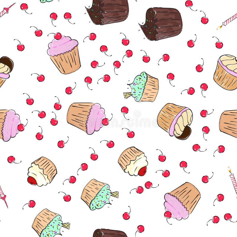 Cupcakes pattern illustration. Seamless print with pastry set. Vector bakery background.Hand draw style royalty free illustration Cupcakes pattern illustration. Seamless print with pastry set. Vector bakery background.Hand draw style royalty free illustration