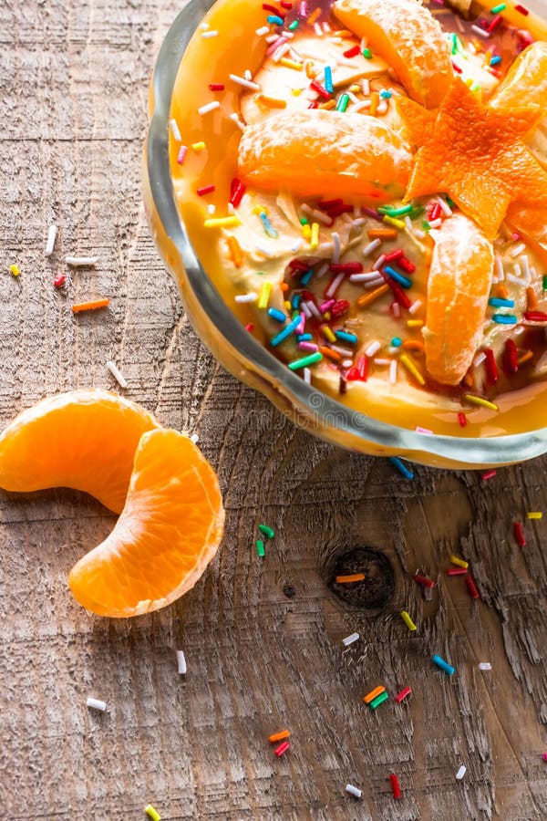 Cream Dessert Orange Fruit Wooden Board Stock Photo Image of orange