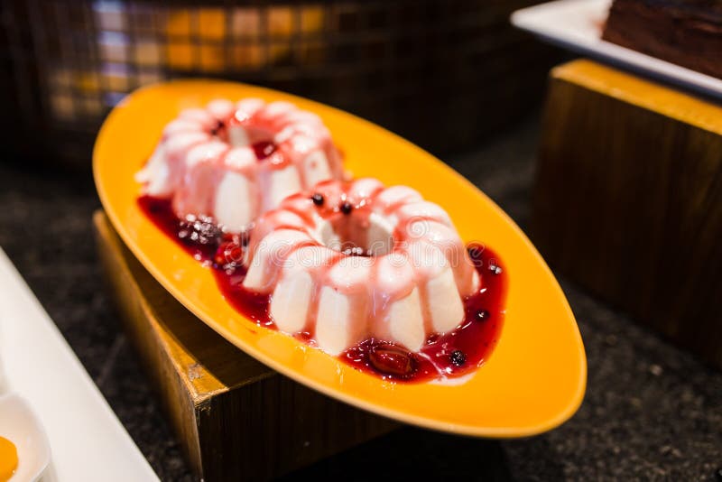 Cream Pudding with Mixed Berries Sauce, Served on Luxury Restaurant Stock Image Image of