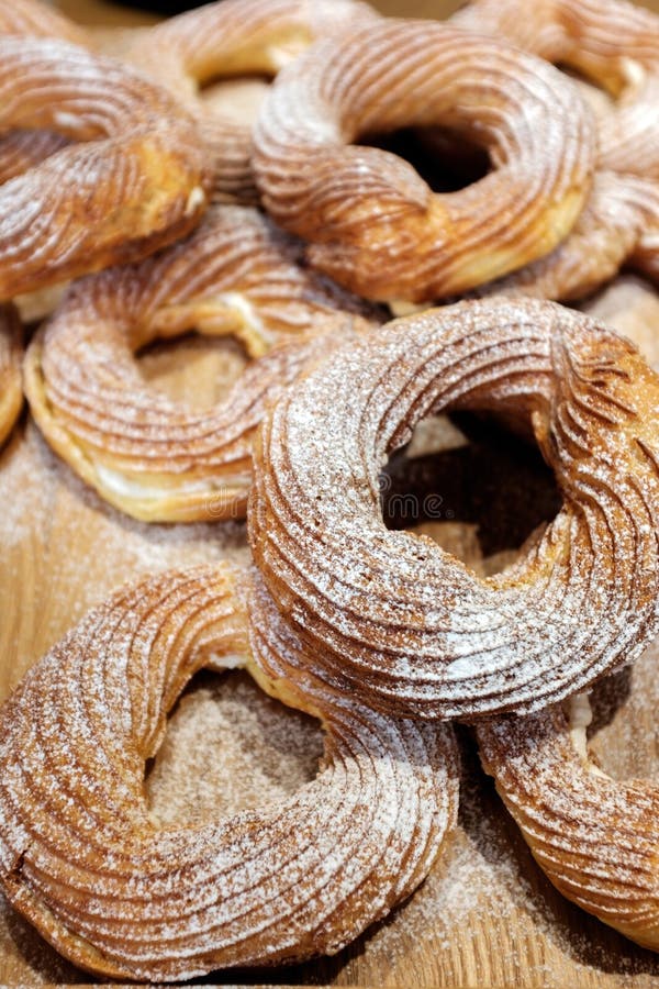 Sweet Pastry, a Ring with a Stuffing. Cream Puffs Filled by Cream Stock