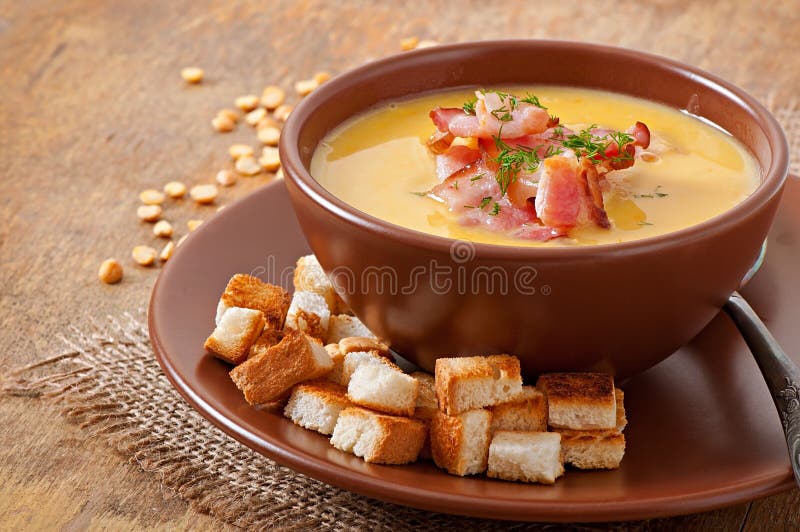 Cream Soup of Peas with Fried Bacon Stock Image Image of vegetarian