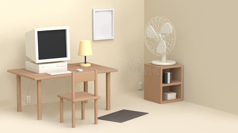 Cream working room table computer fan many objects cartoon style 3d rendering vector illustration