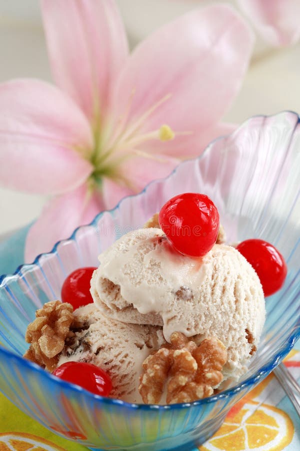 Walnut ice cream with cherry. Walnut ice cream with cherry