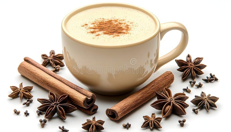 Aromatic spiced chai latte composition with cinnamon, star anise, and cloves on a white background, perfect for a cozy autumn mood royalty free illustration