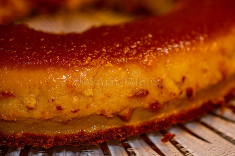 Creamy Bread Pudding with Caramel Sauce. Selective Focus. Stock Photo