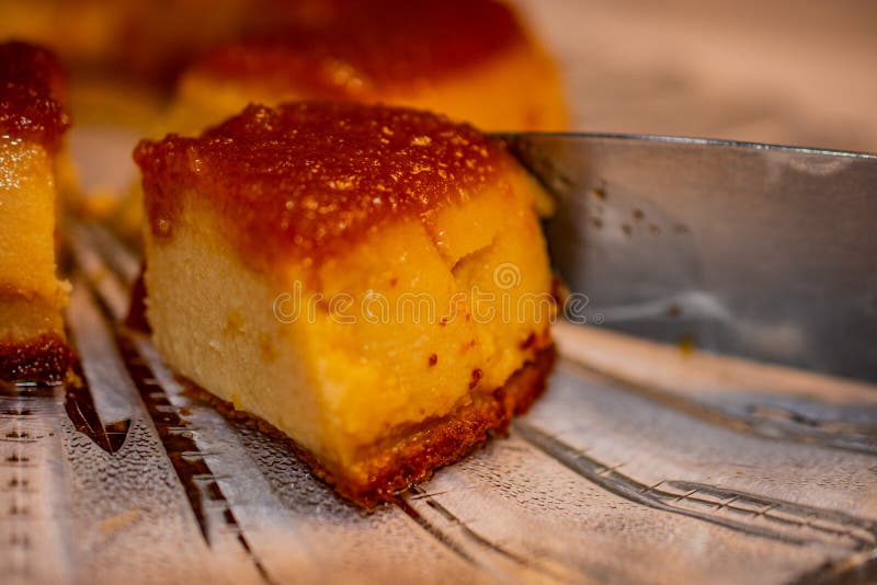 Creamy Bread Pudding with Caramel Sauce. Selective Focus. Stock Photo
