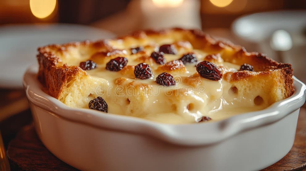 creamy-bread-pudding-with-raisins-in-a-casserole-dish-stock-photo