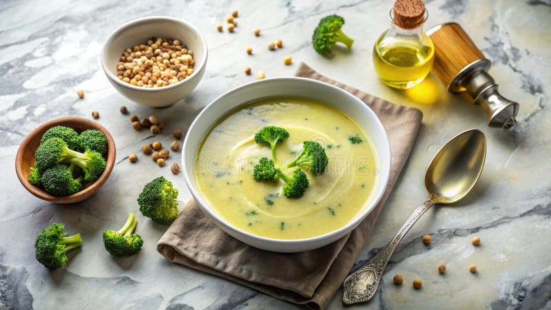 Creamy broccoli-soppan ger ett hälsosamt och utsökt kulinariskt nöje. Generativ AI vektor illustrationer