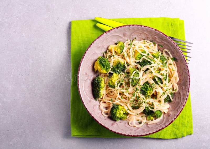 Creamy Broccoli Spaghetti Pasta in a Bowl Stock Photo Image of
