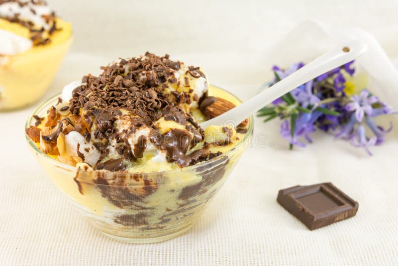 Creamy Dessert with Chocolate and Almonds Stock Photo Image of hazelnuts, milk 69575346