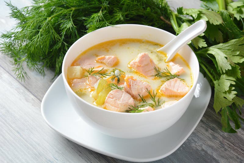 Creamy Fish Soup with Salmon, Potatoes, Onions , Carrots, Dill and ...