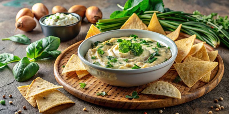 Creamy herb dip with crispy triangular chips on wooden platter. Generative AI vector illustration