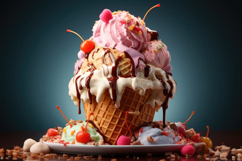 Creamy ice cream in a waffle cone with berries on a plate vector illustration