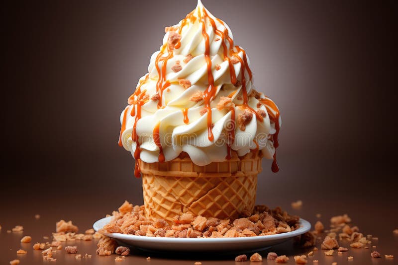 Creamy ice cream in a waffle cone on a plate stock illustration