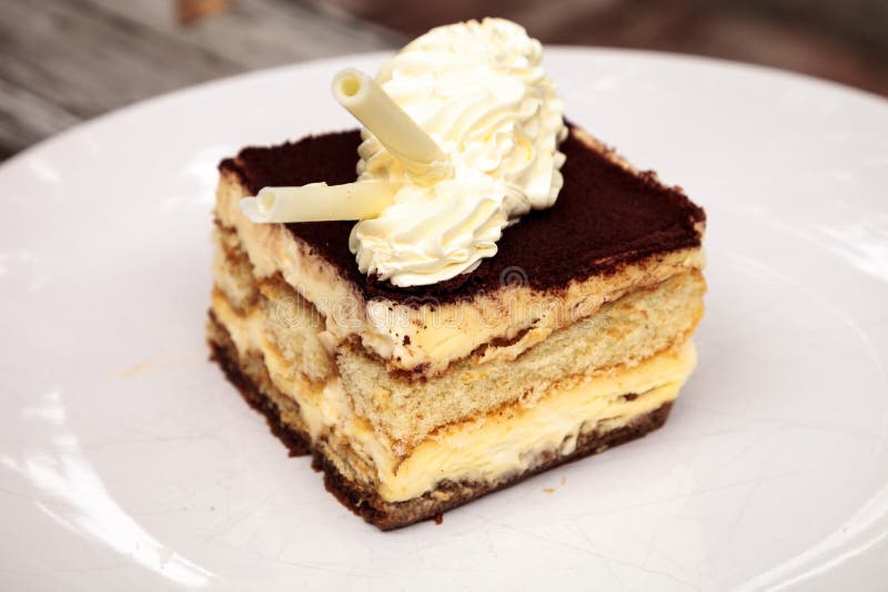 Creamy Italian tiramisu with a coffee flavored custard. And ladyfingers layered with whipped eggs and mascarpone cheese infused with cocoa stock image Creamy Italian tiramisu with a coffee flavored custard. And ladyfingers layered with whipped eggs and mascarpone cheese infused with cocoa stock image