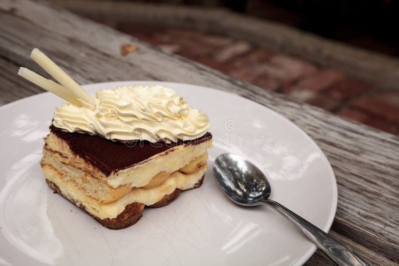 Creamy Italian tiramisu with a coffee flavored custard royalty free stock photography Creamy Italian tiramisu with a coffee flavored custard royalty free stock photography