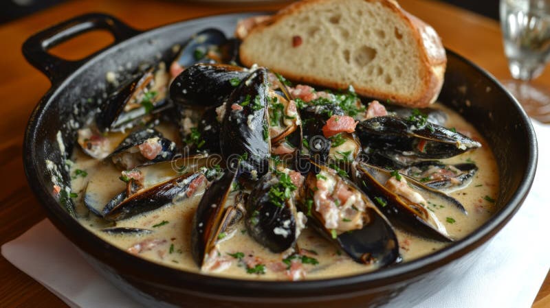 Creamy Mussels mit Bacon und Brot in einem Schwarzen Skillet stock abbildung