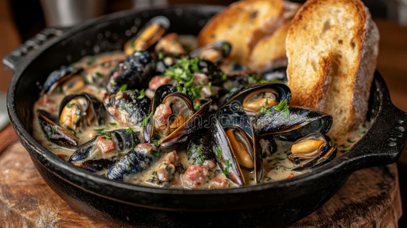 Creamy Mussels mit Bacon und Knoblauch in Schwarz Skillet lizenzfreie abbildung
