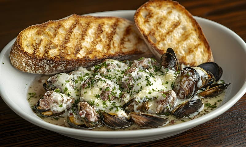 Creamy Mussels mit Knoblauchbrot stock abbildung