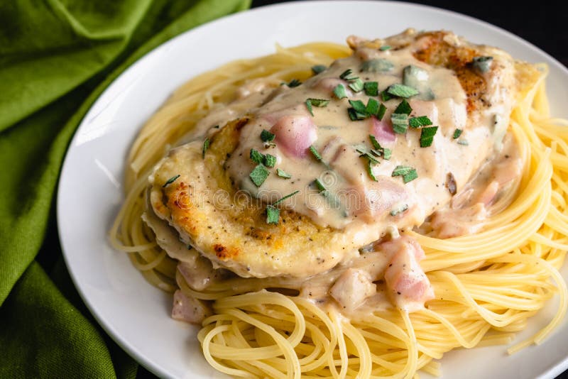 Chicken Cutlets Served Over Angel Hair Pasta with a Creamy Mustard