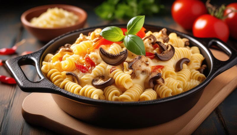 Creamy Pasta with Mushrooms and Basil in Skillet Stock Illustration