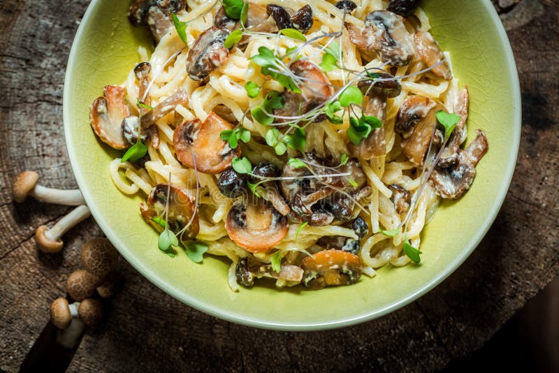 Creamy Pasta with Mushrooms Mushrooms and Parsley Stock Image - Image