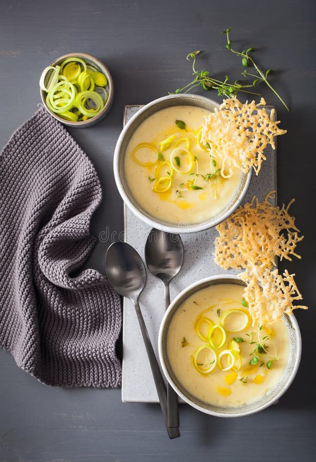 Creamy Potato and Leek Soup in Bowl Stock Photo Image of herb