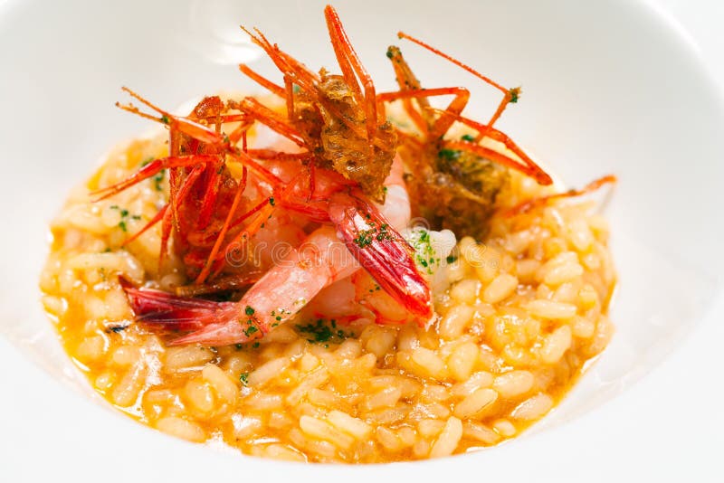 Creamy Risotto Rice Dish with Red Prawns. Stock Photo Image of creamy